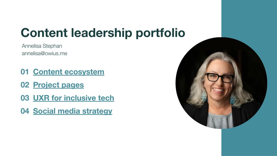 Title slide of Annelisa Stephan's portfolio showing her headshot and a title reading "Content leadership portfolio"
